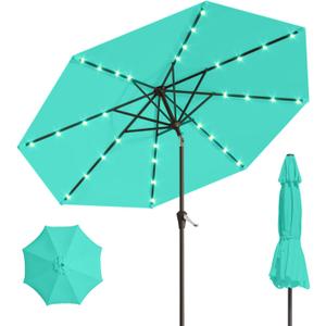 10FT Solar Umbrella 32 LED Lighted Patio Umbrella Table Market Umbrella w/Tilt and Crank, UV-Resistant Outdoor Umbrella for Pool, Garden, Deck, Turquoise Blue