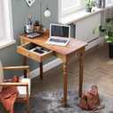 32 Inch Mid Century Modern Desk - Rubber Wood Desk with Drawers, Vintage Narrow Desks with 2 Hooks, Small Writing Desks for Small Spaces, Bedroom, Living Room & Office, Walnut Color, 31.5 in W x 15.7 in D