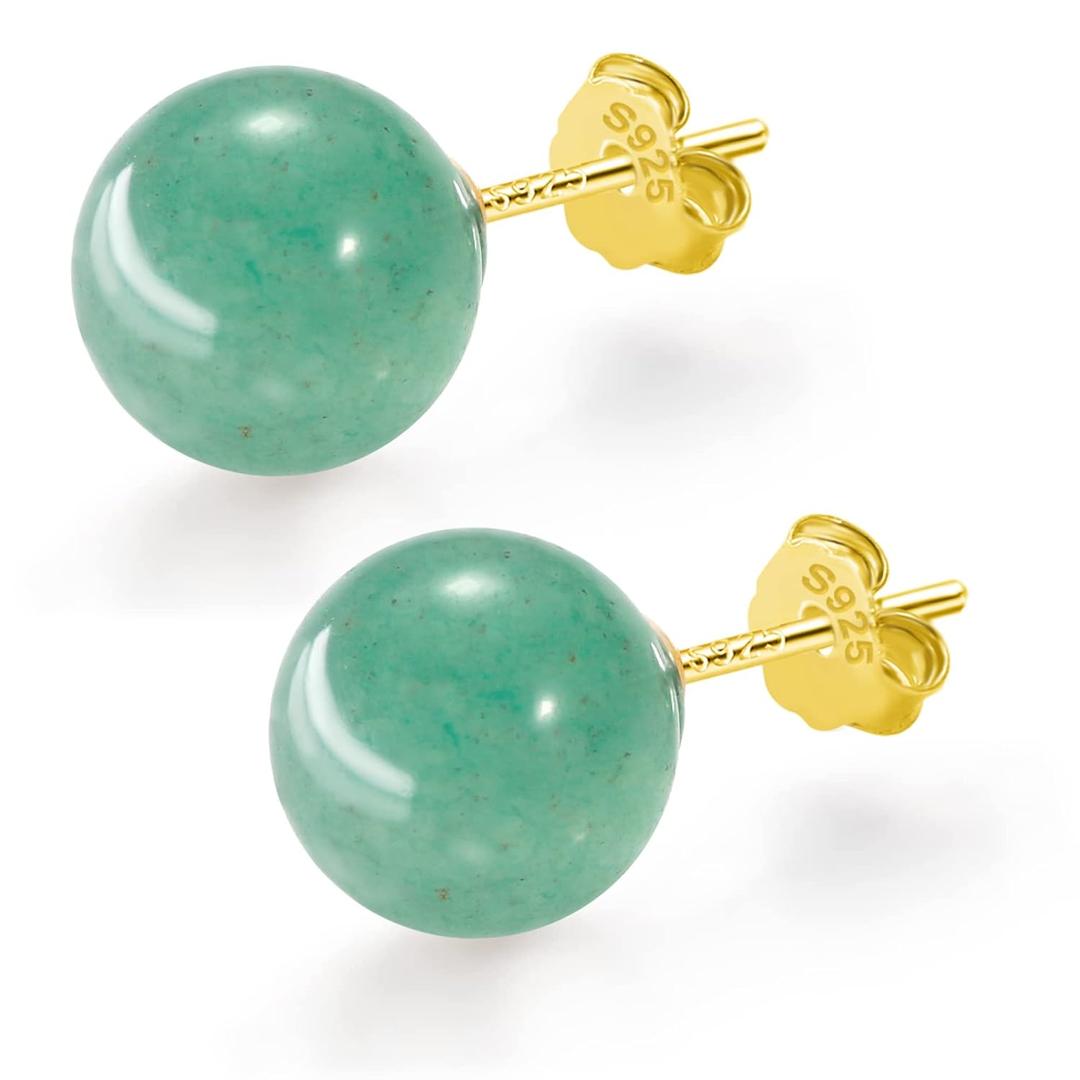 SmileBelle Jade Earrings, 18k Green Earrings for Sensitive Ears, 8mm Green Stud Earrings for Women as Gold Stud Earrings, Natural Jade Earrings Jewelry for ST Patricks Day Birthday Gifts