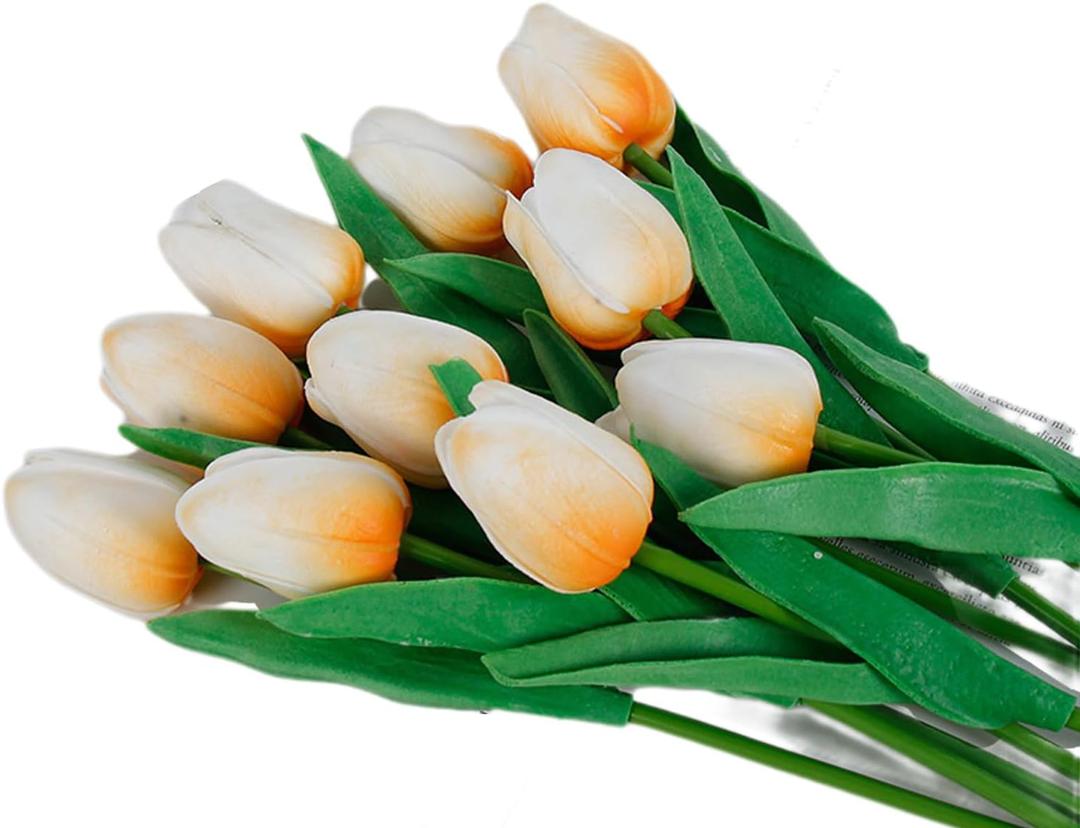 Latex Tulips with Stems Real Look, Tulipanes Artificiales para Decoracion, Artificial Tulips Flowers Real Touch, White Latex Tulips with Stems Artificial Flowers (P, 10PCS)