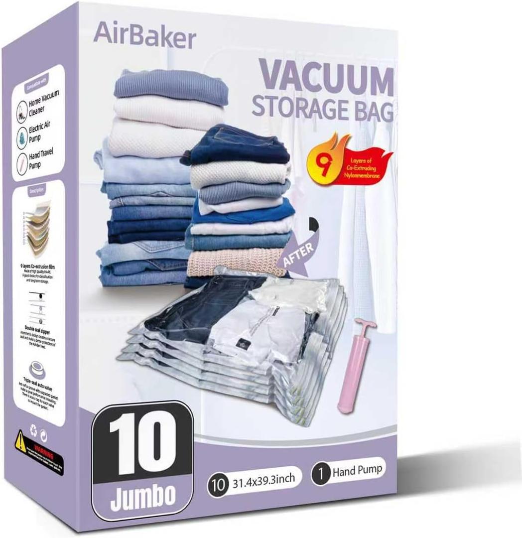 AirBaker Vacuum Storage Bags for moving, Vacuum Seal Bags for Memory Foam, Latex, Clothing & Bedding, Space Saver Bags(1 Queen/Full/FullXL)