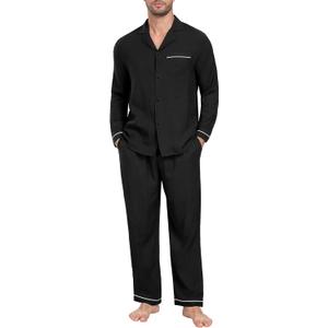 PrinStory Men's Pajamas Set Sleepwear Pjs Lightweight Long Sleeve Button Down Notched Collar Pajama Comfy Sleep Sets S-2XL (Large, 1-black)