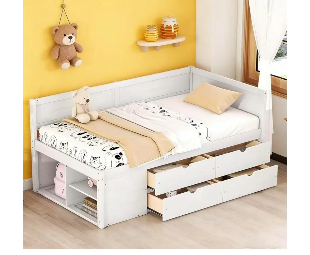Twin Size Daybed, Solid Wood Storage Corner Bed Frame with Four Drawers and Three Shelves, Wooden Slates Support, No Box Spring Needed for Kids Teens, Boys and Girls (White)