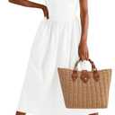 Fisoew Womens Spaghetti Strap Dress V Neck Backless Summer Casual A Line Cami Dress with Pocket (White) S/M