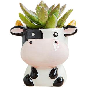 DIYOMR Cute Animal Ceramics Planter Small Succulent Pot Cartoon Shaped Plant Pot for Mini Plants Flower Cactus, Smooth Shiny Ceramic - Plants Not Included, Cow 