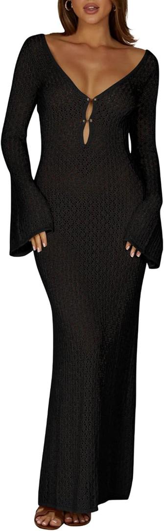 Saodimallsu Womens Crochet Maxi Cover Up Dress Beach Swim Vacation Coverups Long Sleeve Sexy Bodycon Summer Knit Dresses (Black)