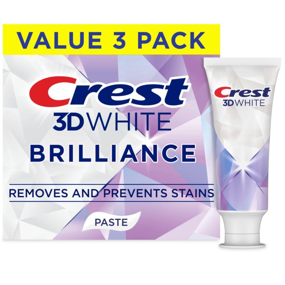Crest 3D White Brilliance Bright Mint Teeth Whitening Toothpaste, 4.3 oz Pack of 3, 100% More Surface Stain Removal, 24 Hour Active Stain Prevention, Whiter Teeth in 3 Days, Pack Of 2