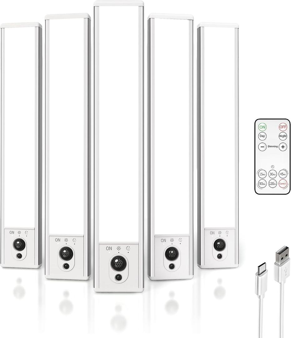 EZVALO 5-Pack Under Cabinet Lighting, 2400mAh Motion Sensor Light, LED Closet Lights Wireless, 6500K Dimmable, Timer, Magnetic, with Remote Control for Kitchen, Closet, Stair