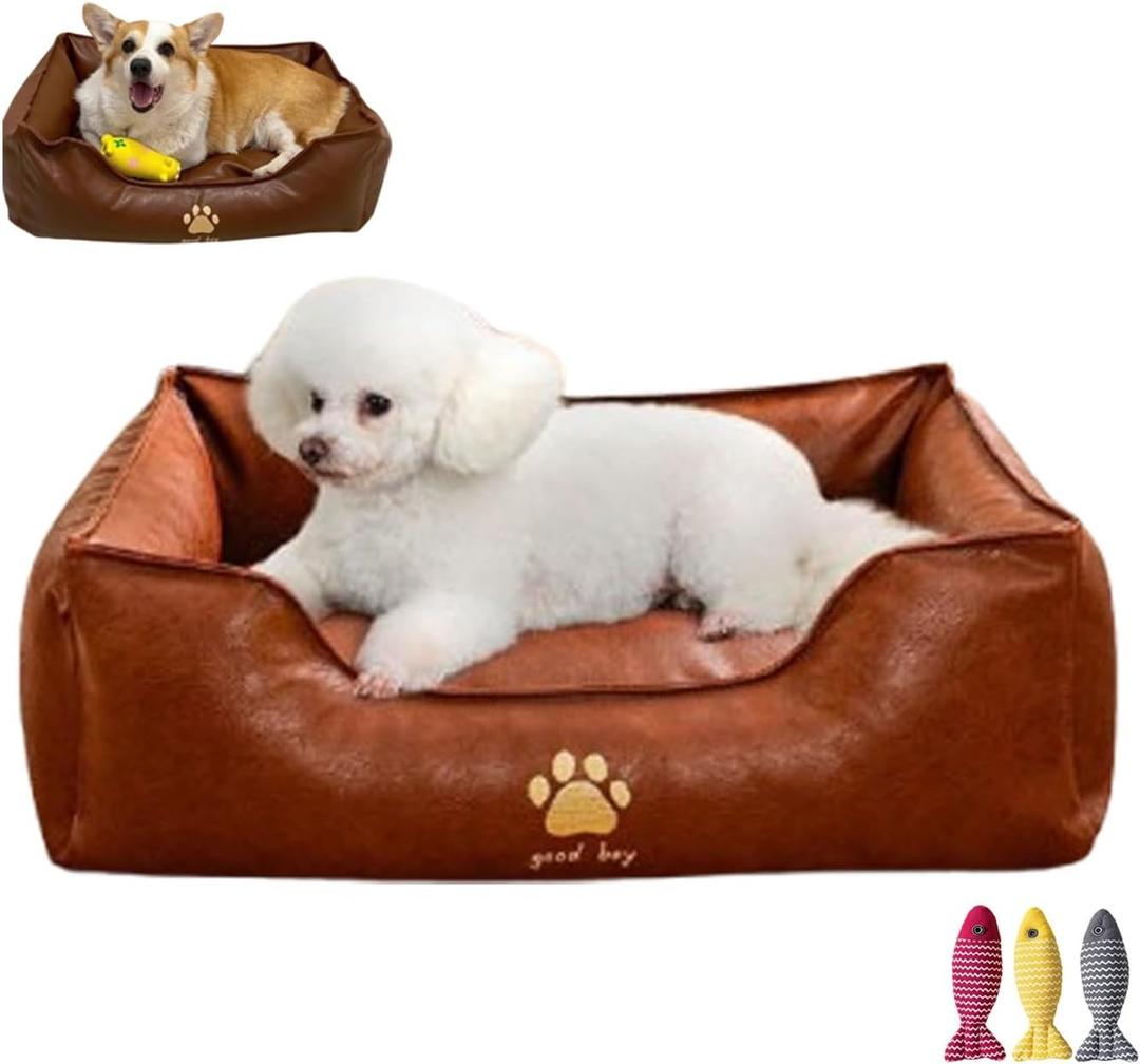 Leather dog small cat bed furniture for Small Medium Size Sofa with Removable Sofa Cushion Non-Slip Base Durable Supportive Furniture Faux Ultra Soft Texture Rectangle Pet with Non-Slip Bottom(Brass,S