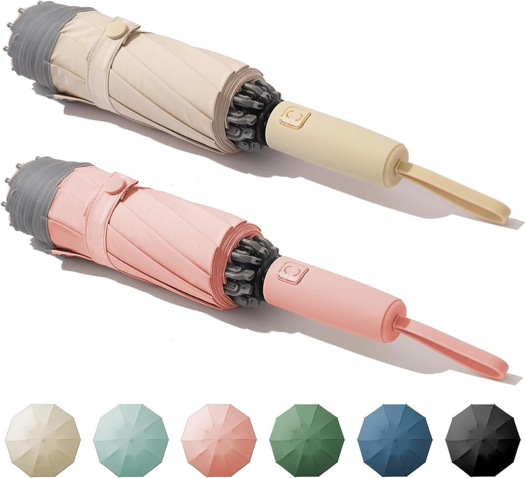 Damp away Compact Travel Umbrella, Portable Reverse Folding Car Umbrella, Large Windproof and Waterproof Inverted Umbrella, Automatic, 10 Ribs, 2PACK (KHAKI & PINK)