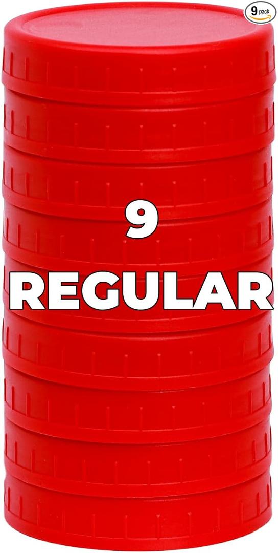 Jumterlee 9 Pack Red Regular Mouth Mason Jar Lids with Silicone Rings,9 Color to Choose, Plastic Mason Jar Lids,Plastic Canning Lids, Fit Ball,Kerr and More (Red)
