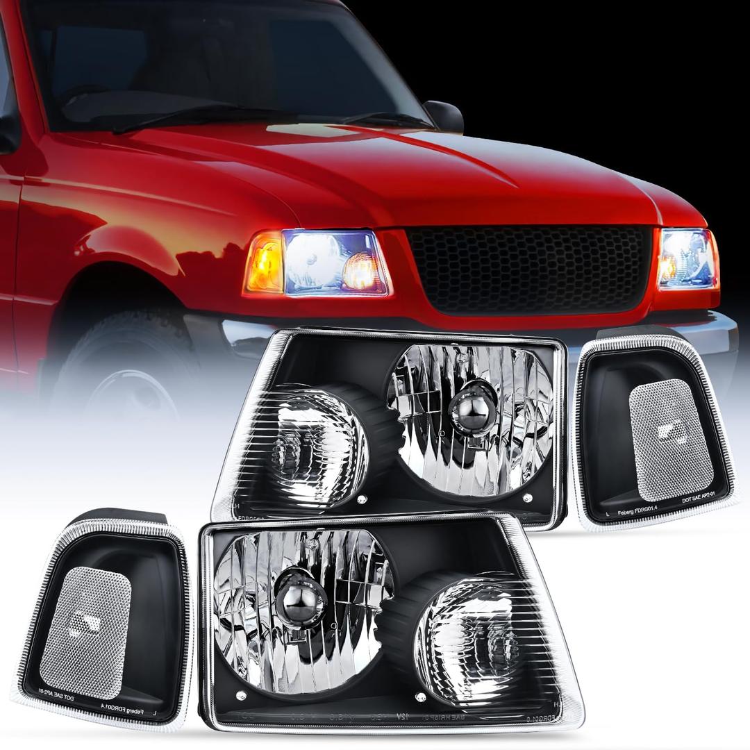 Nilight Headlight Assembly for 2001 2002 2003 2004 2005 2006 2007 2008 2009 2010 2011 Ford Ranger Replacement Headlamp Black Housing Clear Reflector