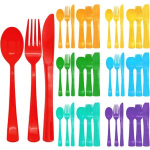 294 Pcs Neon Plastic Silverware Pastel Disposable Silverware Heavy Duty Colorfu Plastic Cutlery Set Includes 98Plastic Forks 98 Knives 98 Spoons for All Occasions7 Colors (300, Rainbow)