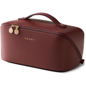 EACHY Travel Makeup Bag, Large Capacity Cosmetic Bag for Women, Waterproof PU Leather, Flat Open Portable Toiletry Bag for Skincare, Brushes & Travel Essentials (AO-Red)