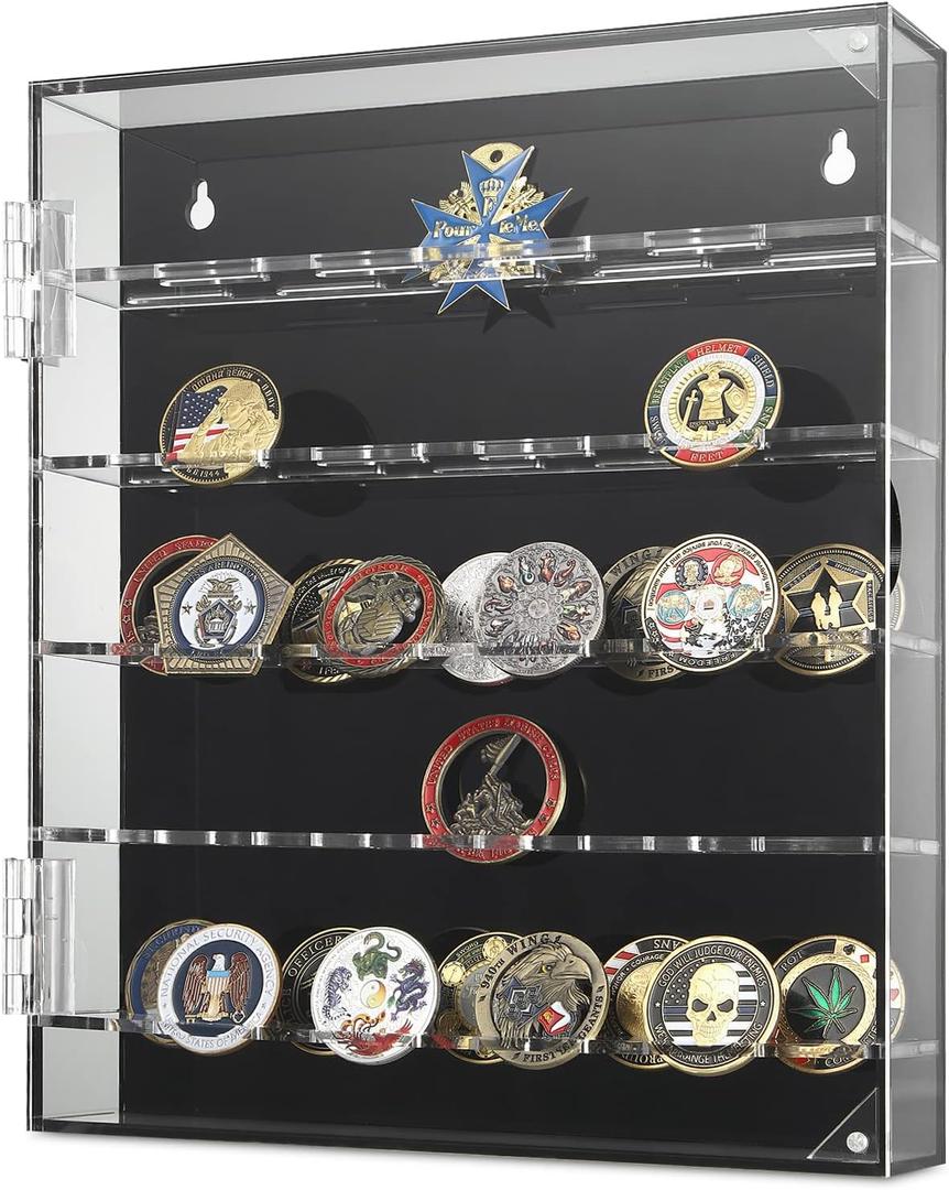 Military Challenge Coin Display Case, Acrylic Challenge Coin Holder, Clear Coin Display Stand for Collectors, Wall Mount Rack , Coin Case Box fits Medals, Badges