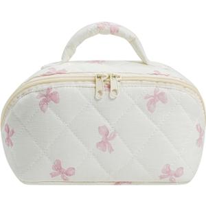 JOVAKIT Large Capacity Quilted Makeup Bag, Travel Cosmetic Bag for Women, Floral Cotton Travel Toiletry Pouch, Handle Zipper Make Up Open Flat Organizer Bag (Pink Bow Tie)