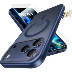 3 in 1 Magnetic Shockproof for iPhone 17 Pro Case, [Fit for MagSafe] [TOP Military Protection] 1X Screen Protector+1X Wrist Strap, Camera Control Cover for iPhone 17 Pro Translucent Deep Blue
