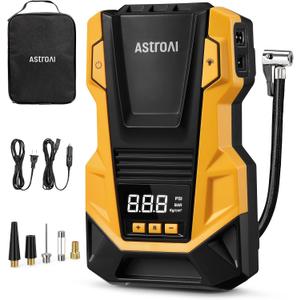 AstroAI 110V AC/12V DC Tire Inflator Portable Air Compressor, Dual Power Electric Air Pump with 150PSI Max Pressure & LED Light, Fast Inflation for Cars, Bikes, Motorcycles, and Inflatables, Yellow
