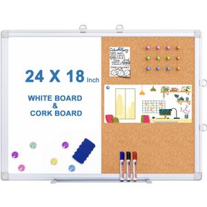 Magnetic White Board and Cork Board Combo, 24 X 18 inches Whiteboard Bulletin Combination Board, Wall Mounted Dry Erase Whiteboard Push Pin Vision Board for Home, School and Office