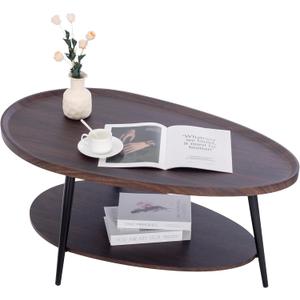 Oval Coffee Table, 2-Tier Coffee Table with Open Storage Shelf, 40" Modern Wood Center Table Tea Table for Living Room, Bedroom, Apartment, Dark Walnut