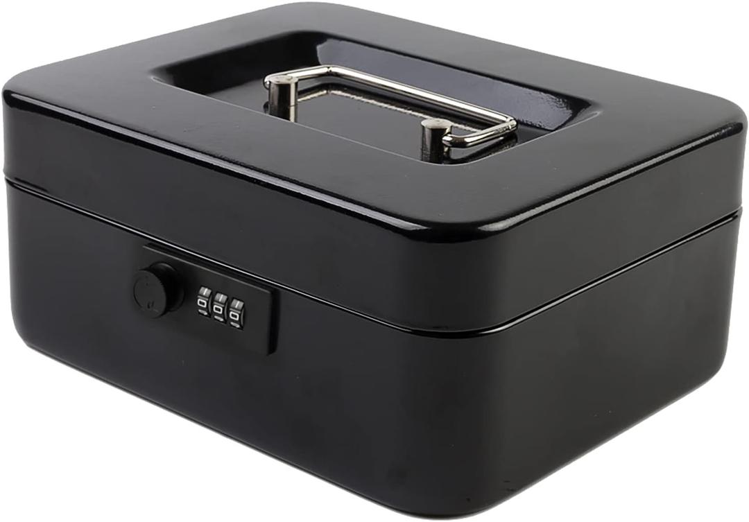 KYODOLED Medium Metal Cash Box with Combination Lock Safe and Money Tray for Security 7.87"x 6.30"x 3.54" Black (Medium, Black)