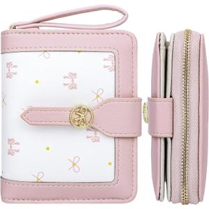 Farcauo Cute Pink Small Bow Wallet for Women Bifold Womens Wallets Minimalist Ladies Purse with Bow Design Mini Kawaii Coin Purse with ID Window