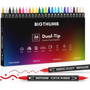 BIGTHUMB 26 Colors Acrylic Paint Pens, Dual Tip Acrylic Paint Markers with Fine Tip and Dot Tip, Paint Markers for Painting Rock, Wood, Canvas, Glass, Ceramic, DIY Crafts Making Art Supplies