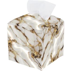 White Gold Marble Tissue Box Cover Square Tissue Box Cover, Marble Modern Facial Paper Holder Leather Organizer Dispenser for Bathroom Kitchen Vanity Home Car Desk Countertop Night Stands