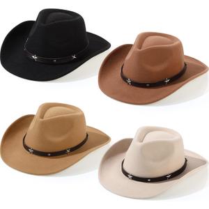 Mumufy 4 Pcs Classic Western Cowboy Hat Men Felt Wide Brim Hats Women Belt Buckle Cap for Adults (Black, Camel, Khaki, Beige)