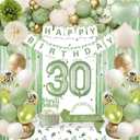 30th Birthday Decorations for Her, Sage Green 30th Bday Decorations for Women Happy Birthday Banner Green Gold Balloons Crown Sash Fringe Curtain Tablecloth Cake Topper for Bday Decor