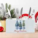 Chinoiserie Christmas Kitchen Utensil Holder, Xmas Tree Grandmillennial Cooking Utensil Holder Wooden Storage Organizer Box for Kitchen Counter, Blue and White Christmas Decor