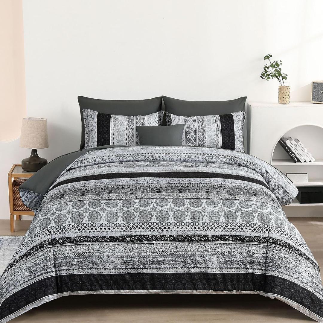 Boho Queen Size Comforter Set 8 Pieces,Gray Bohemian Striped Bed in a Bag,Floral Soft Microfiber Bedding Comforter Set