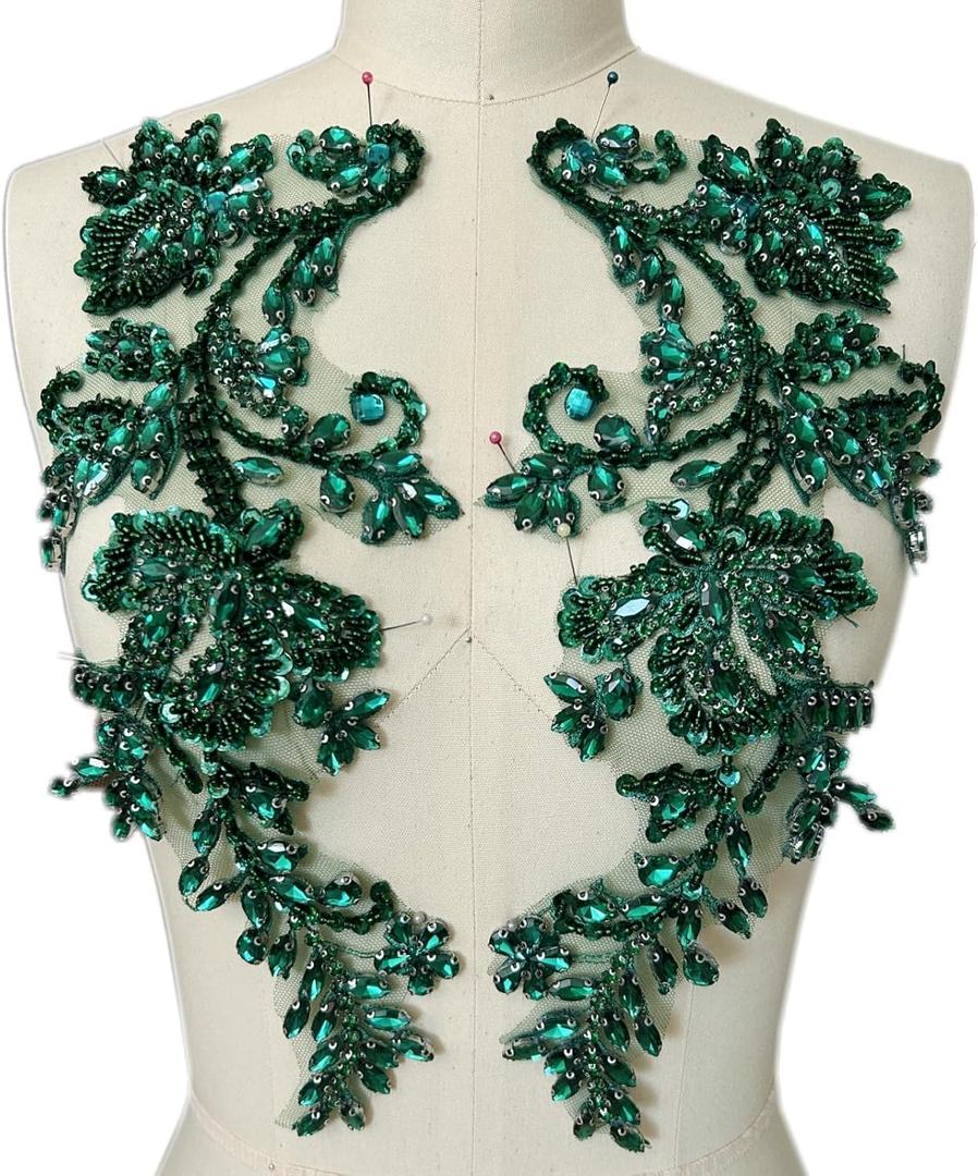 Handmade Beaded Rhinestone Appliques Sew on Crystal Lace Patch, 1 Pair for DIY Clothing, Wedding Dress,Multi-Color Costume Decoration (Deep Green)
