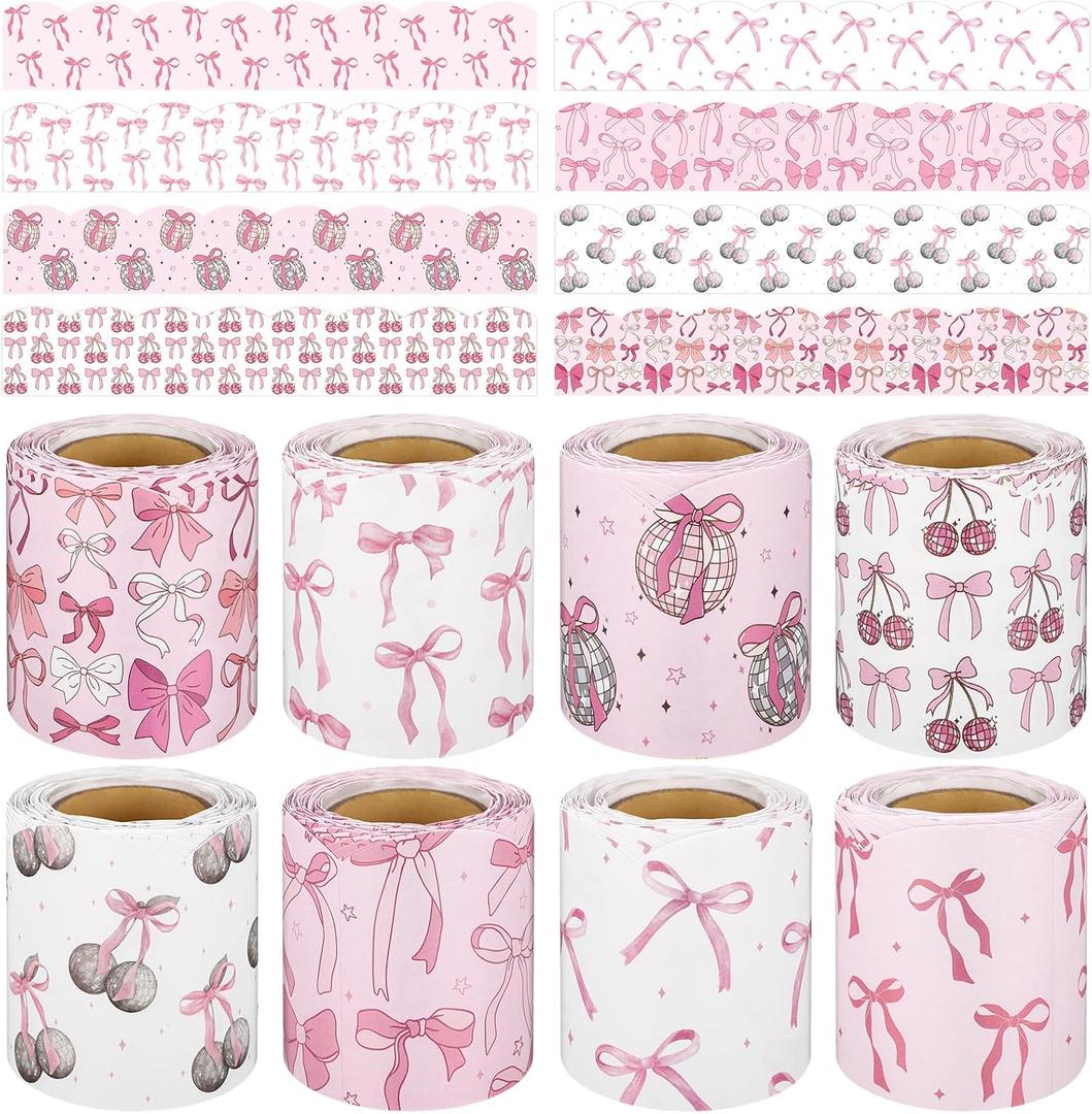 Patelai 8 Rolls 262.4 ft Pink Bow Classroom Bulletin Board Borders Decoration Board Trims Classroom Back to School Stickers for School Office Posters Birthday Parties