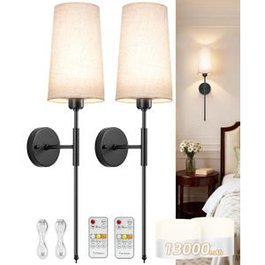 Battery Operated Wall Sconce Set of 2, 13000mAh Rechargeable Battery Powered Sconces with Remote Dimmable Fabric Shade Wireless Sconces Fixture for Bedroom Living Room (Black+Beige)