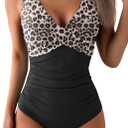 Eomenie Women's One Piece Swimsuits Tummy Control Ruched Push Up Bathing Suit Tie Back Slimming Swimwear (X-Large, Leopard)