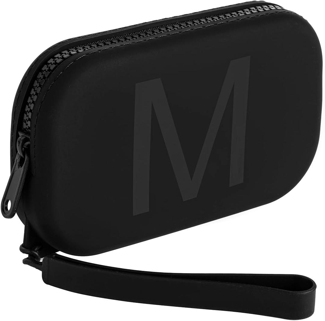 JOVAKIT Small Portable Silicone Alphabet Makeup Bag for Women, Travel Waterproof Cosmetic Bag Gifts for Women, Zipper Closure Make Up Case with Handle, Travel Storage Organizer Pouch (Black M)