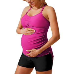 Maacie Maternity Athletic Tankini Swimsuits Two Piece Floral Print Ruched Tops with Shorts (Medium, Pink)