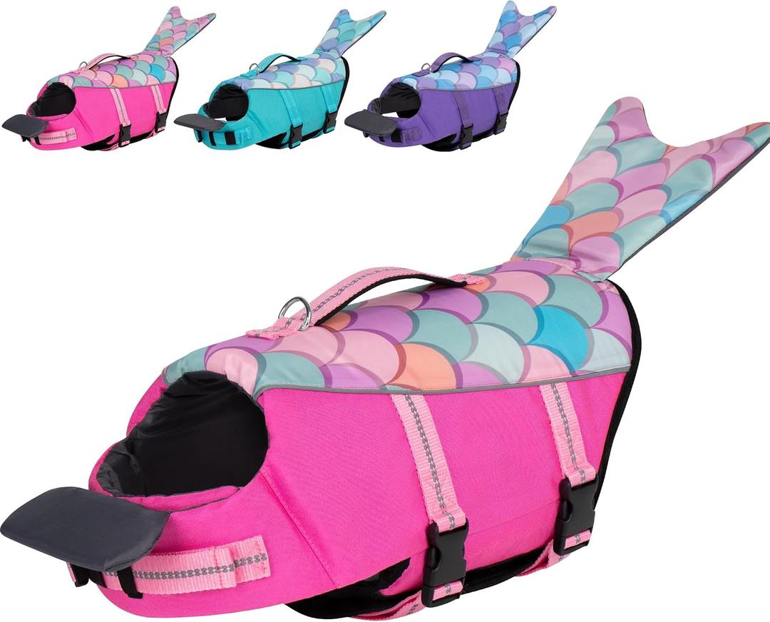 cyeollo Dog Life Jacket Reflective Mermaid Dog Life Vest for Swimming Boating, High Buoyancy Pet Life Preserver Lightweight Small Medium Large Doggie Lifejackets with Front Float, Pink XS (X-Small (Chest Girth: 13"-16"))