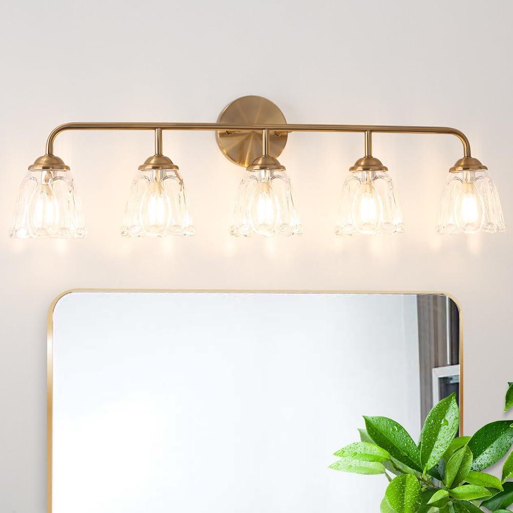 Daunton 5-Light Vintage Vanity Light, Brushed Brass Vanity Lighting, Elegant Bathroom Lighting Fixtures Over Mirror, Bathroom Vanity Light with Clear Glass Shade, Gold Wall Sconce for Bedroom, 31.5in