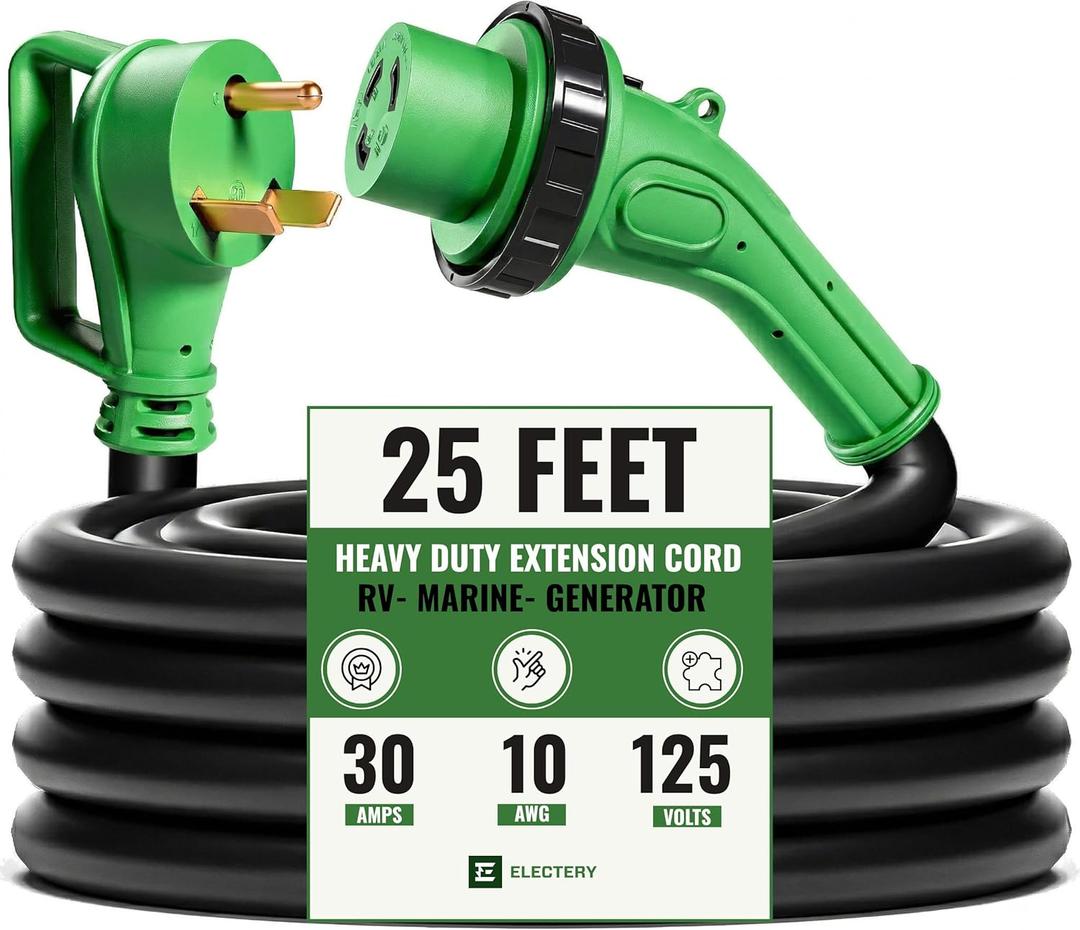 30 Amp Generator Extension Cord 25 FT, TT-30P to L5-30R Twist Lock, LED Power Indicator & Reverse Polarity Light, 10 AWG Heavy Duty RV Shore Power Cord, 90 Grip Handle, for Generator, Camper, Marine