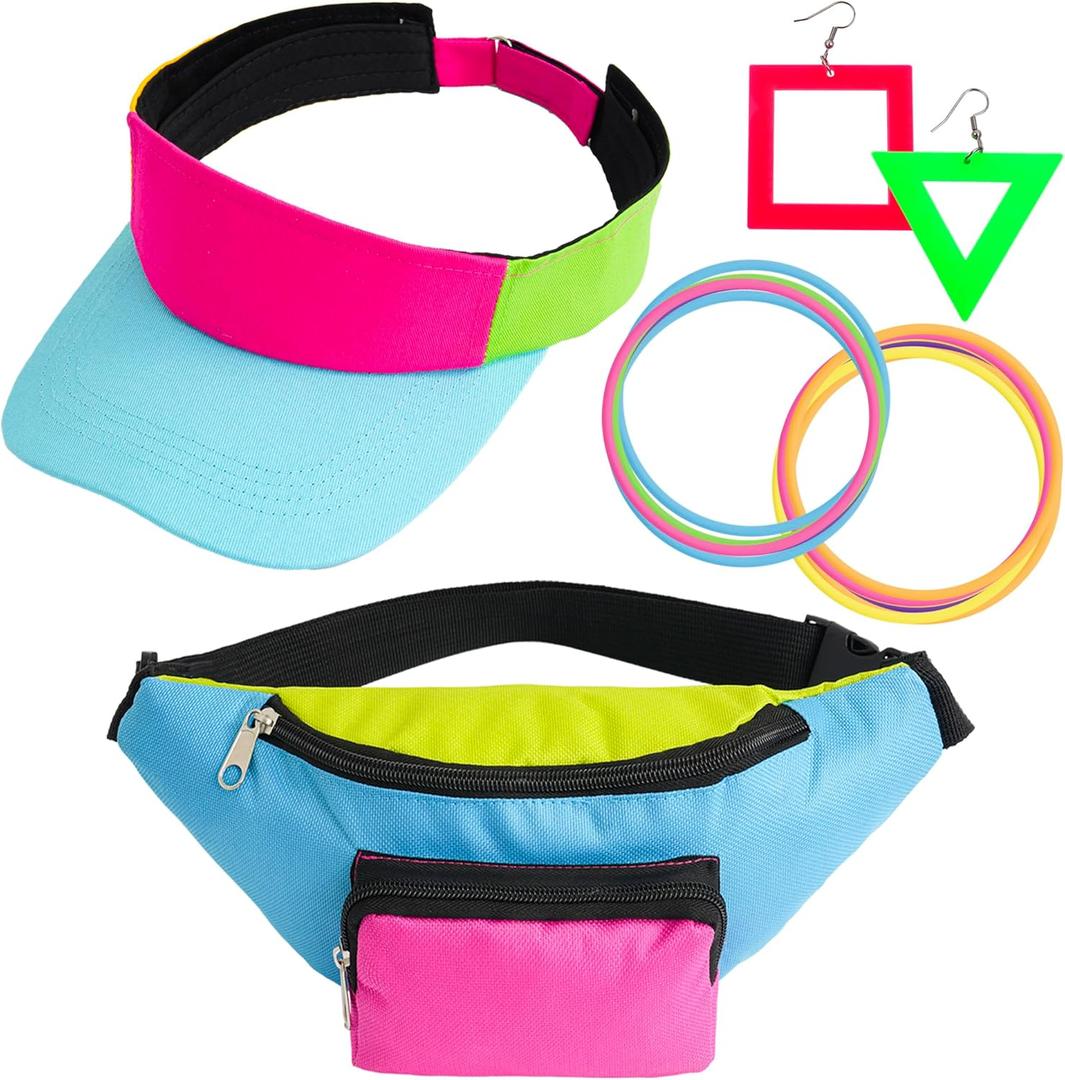 YAROMO Hip Hop Accessories for Women, 80s 90s Outfit Accessories for Women Men Neon Fanny Pack Hat Adjustable Waist Bag, Bracelet, Earrings for Retro 80s 90s Party