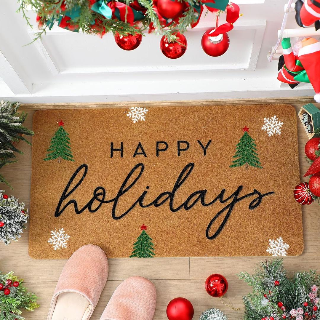 Duraaamo Happy Holidays Christmas Door Mat Nature Coir Christmas Welcome Door Mat Non Slip Floor Mats for Xmas Indoor Entrance Porch Front Decor, 28 x 16 Inch