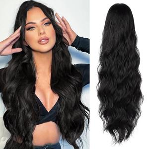 Drawstring Ponytail Extension Long Body Wavy Black Ponytail Extension for Women Synthetic Hair Ponytail Extension Clip in 26 Inch Ponytail Hairpiece for Daily Use (26Inch Natural Black)