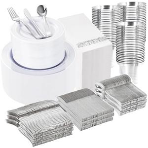 WELLIFE 700 Pieces Silver Plastic Dinnerware Set for 100 Guests - Includes Plates, Cups, Napkins, and Disposable Cutlery - Elegant White & Silver Design, Perfect for Parties and Events