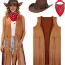 Ultrafun Western Outfit for Women Cowgirl Tassel Sleeveless Vest Cowboy Hat Paisley Bandana Halloween Costumes (Medium, Brown)
