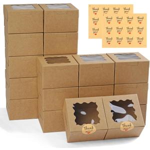WINKIO 24pcs Brown Cookie Boxes, 4x4x2.5 Inches Bakery Boxes with Window, for Mini Cake Treat Dessert Pastry Donuts Macaroon Strawberries Chocolate Candy (with Stickers)