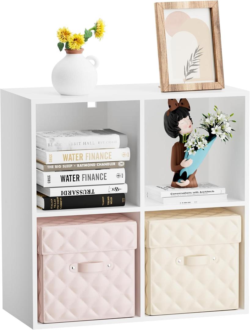Wood 4 Cube Storage Organizer, 11 in Cube Shelf, White Cubby Storage Organizer with Back Panel & Open Compartments, Cube Bookshelf Bookcase for Living Room, Bedroom, Entryway