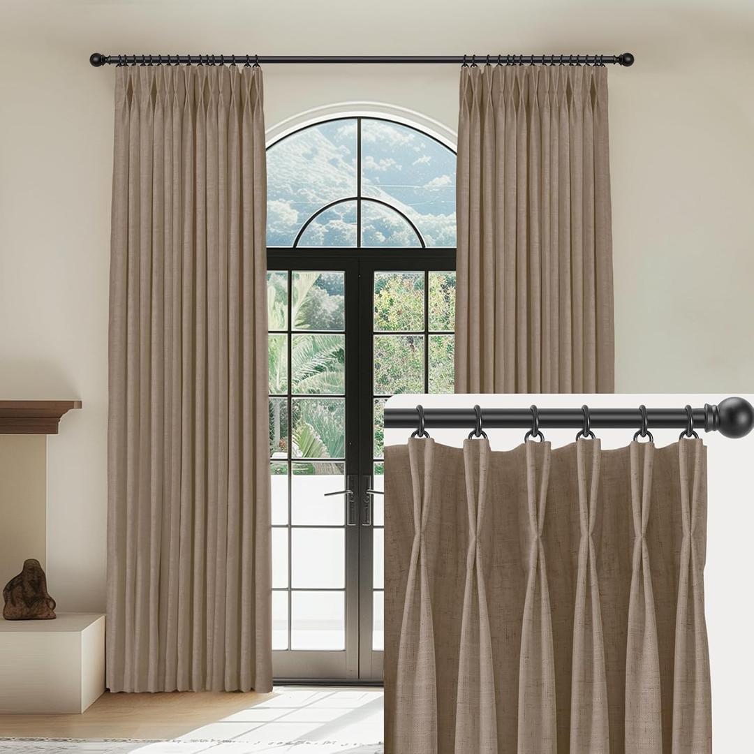 Linen Pinch Pleated Curtains Blackout 100% Black Out Curtains 63 Inches Long 2 Panels with Hooks, Thermal Insulated Pinch Pleat Drapes for Bedroom, 40Wx63L, Rust Brown