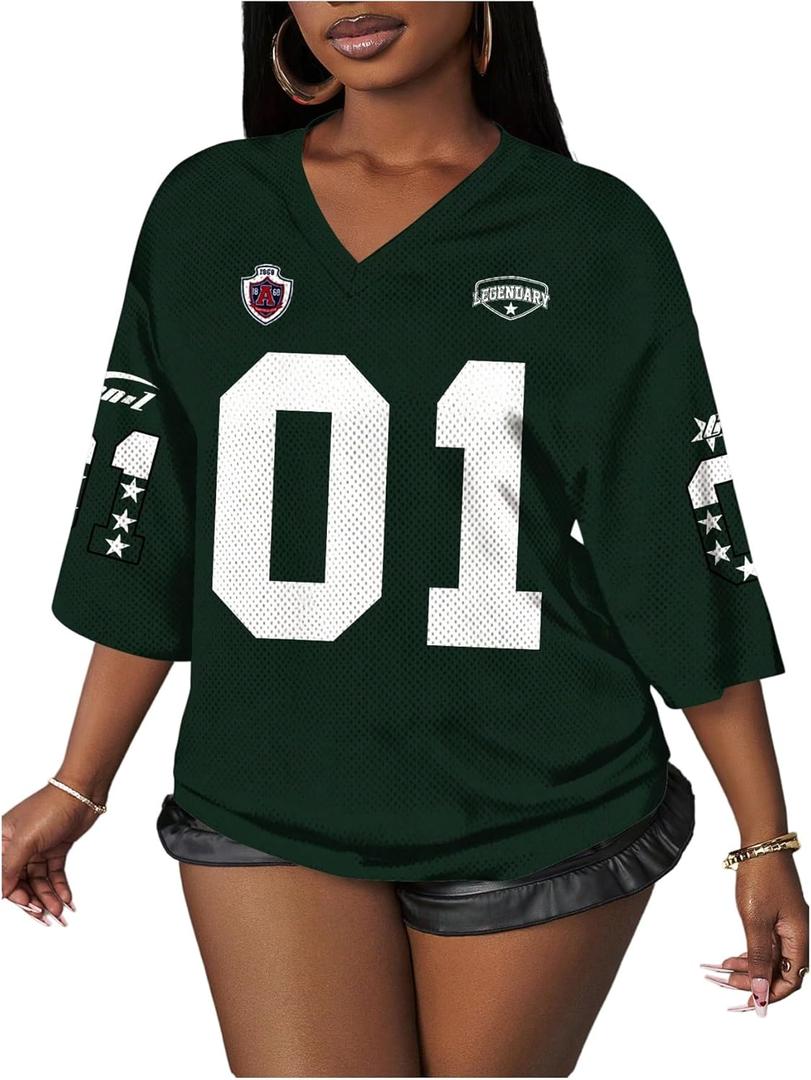 Women's Number Graphic Mesh Oversized Jersey Shirts Y2K Half Sleeve V Neck Athletic Shirts (L)